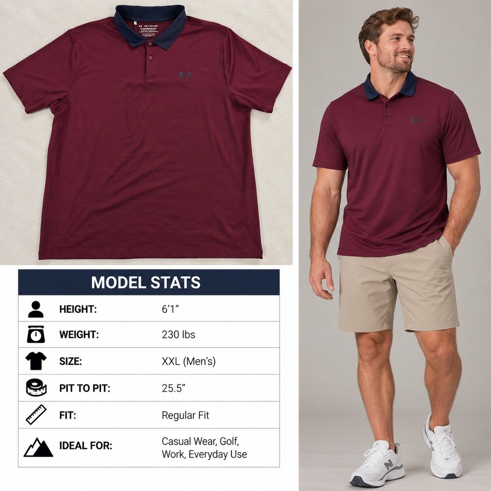 Under Armour Mens Performance 3.0 Stripe Polo Shirt XXL Maroon Navy 1377376-609